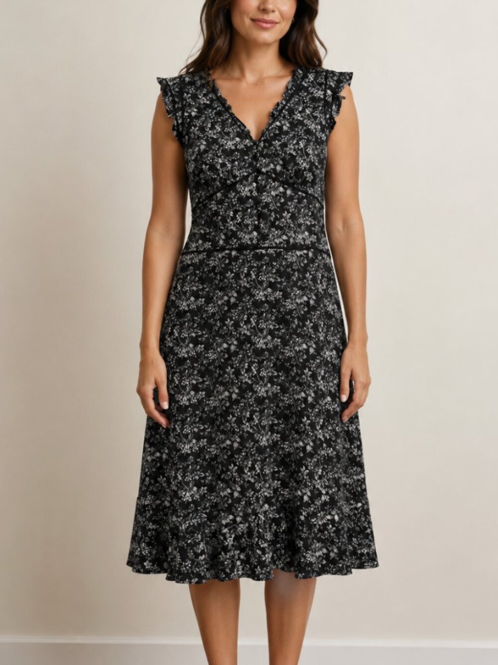 Ann Taylor Loft Dress Womens Black Floral Silk Midi Sleeveless, Size 12